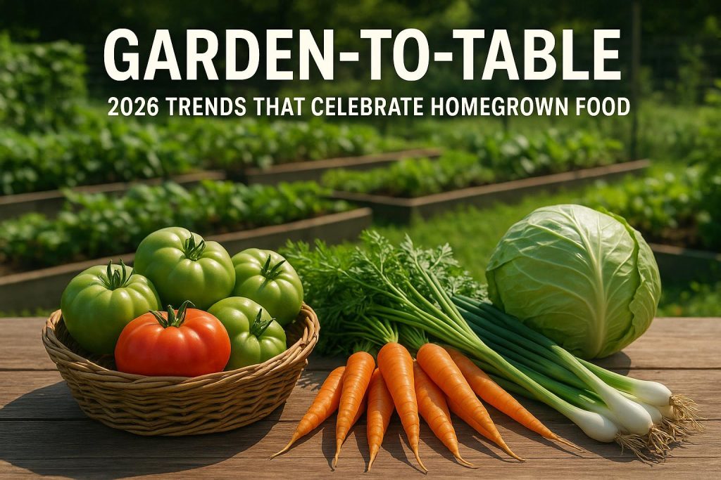 Fresh vegetables and herbs harvested from a backyard garden arranged on a rustic wooden table