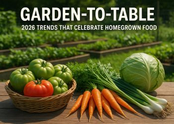 Fresh vegetables and herbs harvested from a backyard garden arranged on a rustic wooden table