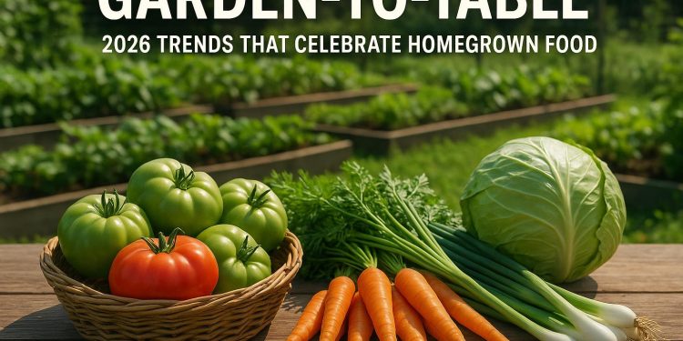 Fresh vegetables and herbs harvested from a backyard garden arranged on a rustic wooden table