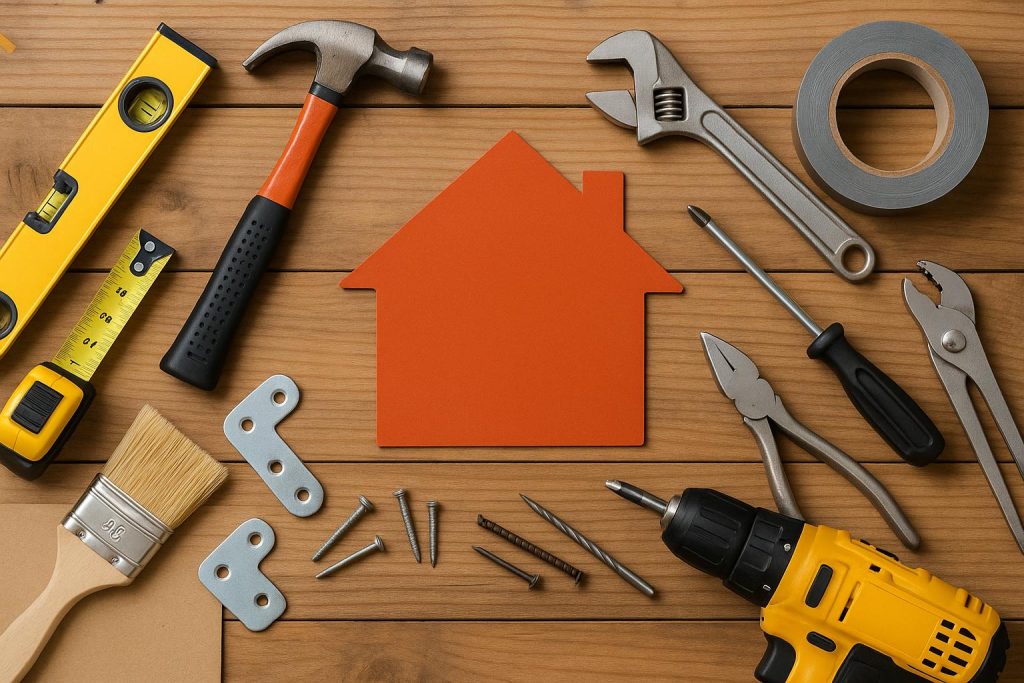 Modern tools and materials arranged for trending DIY home repair and renovation projects