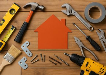 Modern tools and materials arranged for trending DIY home repair and renovation projects