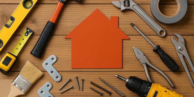 Modern tools and materials arranged for trending DIY home repair and renovation projects