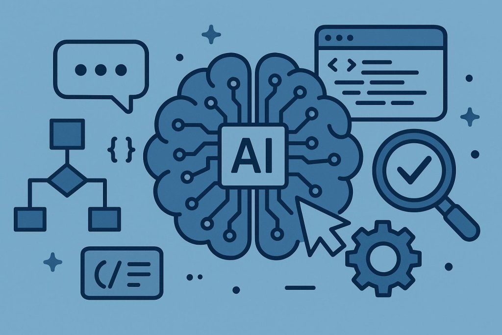 Abstract AI circuit design illustrating software testing and prompt engineering concepts