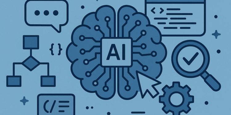 Abstract AI circuit design illustrating software testing and prompt engineering concepts