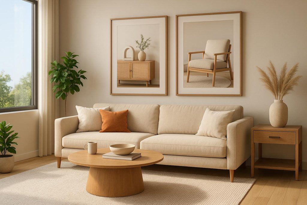 Modern living room furniture showcased with realistic 3D rendering for digital marketing purposes