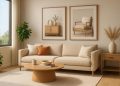 Modern living room furniture showcased with realistic 3D rendering for digital marketing purposes