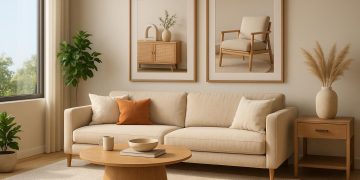Modern living room furniture showcased with realistic 3D rendering for digital marketing purposes