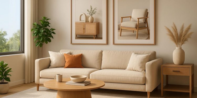 Modern living room furniture showcased with realistic 3D rendering for digital marketing purposes