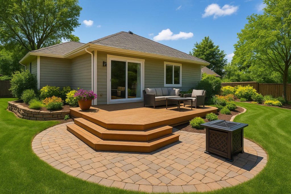 Modern backyard with renovated patio, landscaped garden, and upgraded outdoor living spaces