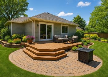 Modern backyard with renovated patio, landscaped garden, and upgraded outdoor living spaces
