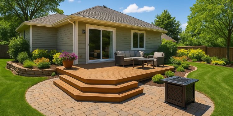 Modern backyard with renovated patio, landscaped garden, and upgraded outdoor living spaces