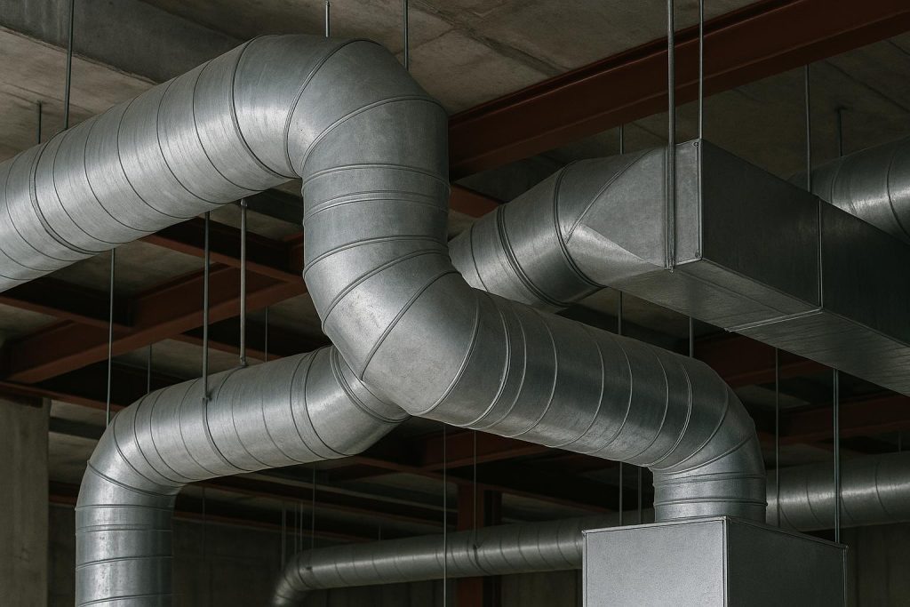 Complex commercial ductwork installation at Vamco Sheet Metal Inc in a large building project