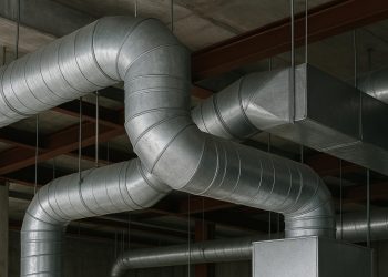 Complex commercial ductwork installation at Vamco Sheet Metal Inc in a large building project
