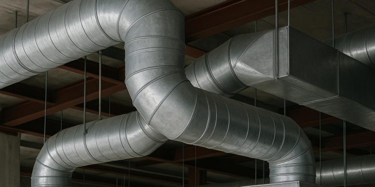 Complex commercial ductwork installation at Vamco Sheet Metal Inc in a large building project